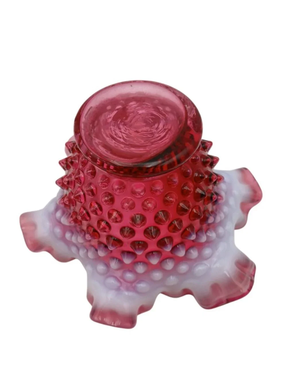 Fenton Cranberry Opalescent Hobnail Bowl Ruffled Art Glass 7